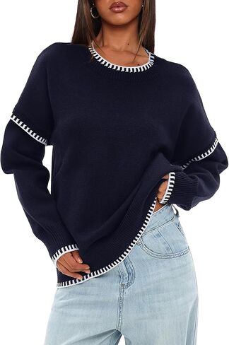 Darong Women's Casual Long Sleeve Crew Neck Pullover Sweater 2024 Fall Knit Loose Contrast Color Sweater Tops in Saudi Arabia