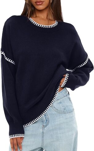 Darong Women's Casual Long Sleeve Crew Neck Pullover Sweater 2024 Fall Knit Loose Contrast Color Sweater Tops in Saudi Arabia