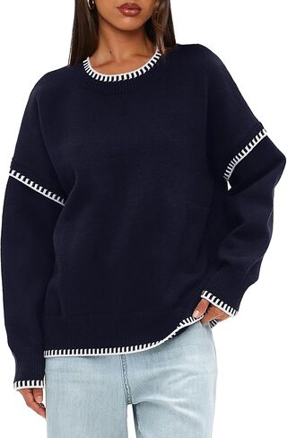 Darong Women's Casual Long Sleeve Crew Neck Pullover Sweater 2024 Fall Knit Loose Contrast Color Sweater Tops in Saudi Arabia
