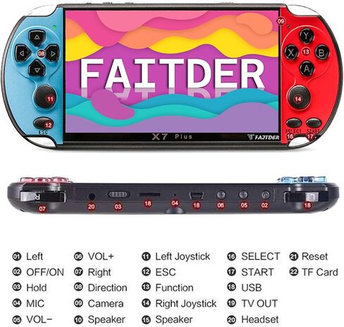 FAITDER X7Plus 5.1-inch Linux System Portable Retro Handheld Video Game Console, Built-in 10500+ Free Games PS1/GBC/GBA/FC/MD/Arcade, Dual Stick Game Console，Kids Gift（Blue） in Saudi Arabia