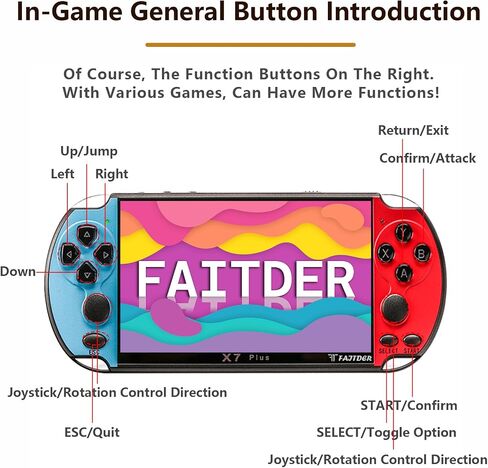 FAITDER X7Plus 5.1-inch Linux System Portable Retro Handheld Video Game Console, Built-in 10500+ Free Games PS1/GBC/GBA/FC/MD/Arcade, Dual Stick Game Console，Kids Gift（Blue） in Saudi Arabia