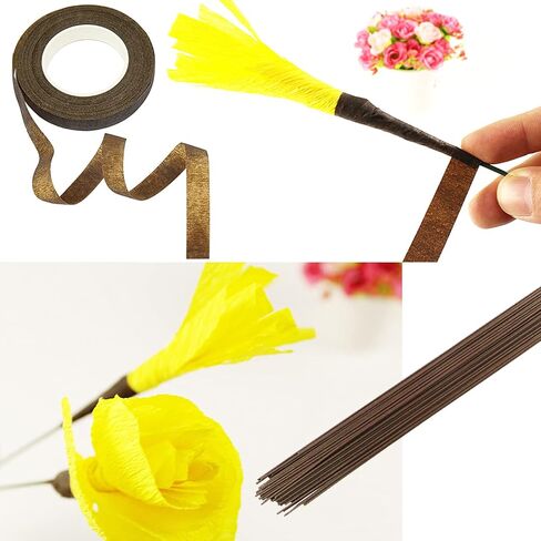 مجموعة ترتيب الأزهار 6 قطع، 4 لفات من SourceTon، أشرطة زهور بنية عريضة مقاس 1/2 بوصة وسلك زهور بني مقاس 18 مقاس 14 بوصة، 50/عبوة لتغليف جذع الباقة وحرف الأزهار in Kuwait