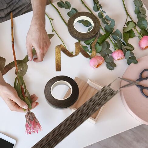 مجموعة ترتيب الأزهار 6 قطع، 4 لفات من SourceTon، أشرطة زهور بنية عريضة مقاس 1/2 بوصة وسلك زهور بني مقاس 18 مقاس 14 بوصة، 50/عبوة لتغليف جذع الباقة وحرف الأزهار in Kuwait