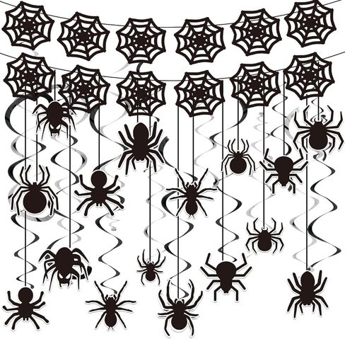 18 قطعة من ديكورات عنكبوت الهالوين، راية شبكة العنكبوت للهالوين مع دوامات تعليق الهالوين العنكبوتية، إكليل من شبكات العنكبوت السوداء لتزيين حفلات الهالوين في القصر المسكون in Kuwait