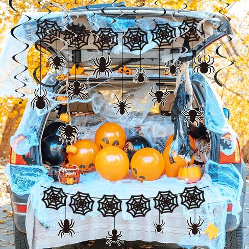 18 قطعة من ديكورات عنكبوت الهالوين، راية شبكة العنكبوت للهالوين مع دوامات تعليق الهالوين العنكبوتية، إكليل من شبكات العنكبوت السوداء لتزيين حفلات الهالوين في القصر المسكون in Kuwait