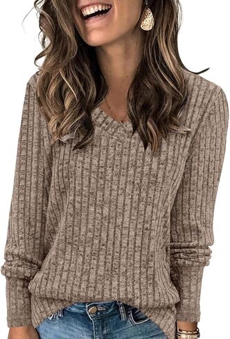DouBCQ Womens Long Sleeve Shirts Casual V Neck Tunic Tops Fashion Loose Fall Sweaters in Saudi Arabia