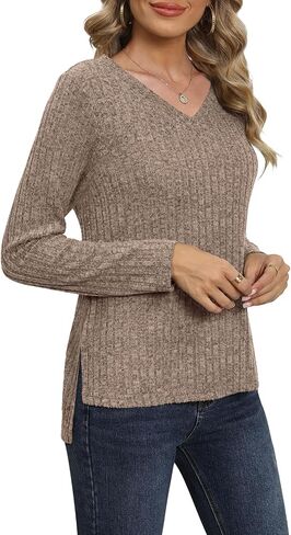 DouBCQ Womens Long Sleeve Shirts Casual V Neck Tunic Tops Fashion Loose Fall Sweaters in Saudi Arabia