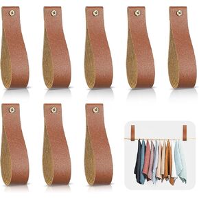 Leather Straps for Hanging, 8 Pcs PU Leather Wall Strap Wall Mounted Loop Hanging Straps Leather Curtain Rod Holder Towel Hanger Loop for Bedroom Bathroom Kitchen(Brown)