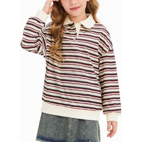 Haloumoning Girls Oversized Long Sleeve Polo Shirt Kids Fashion Striped Sweatshirt Clothes 5-14 Years
