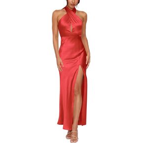 firfig Women's Halter Satin Dress Crisscross Sleeveless Midi Cocktail Party Dress Backless Split Formal Evening Dresses