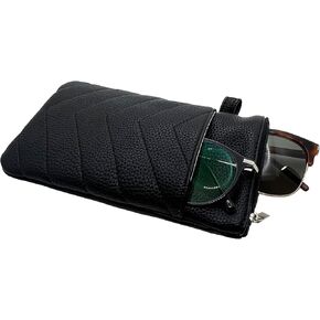 Double Eyeglasses Pouch with Zipper Closure,Soft synthetic Leather Sunglass Organizer Pouch, Portable Eyeglasses Case