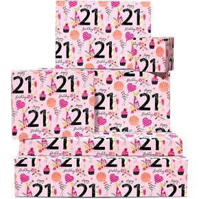 CENTRAL 23 Pink Wrapping Paper for Women - 6 Sheets of Gift Wrap - Party - 21st Wrapping Paper for Her - For Friends or Girlfriend - Age 21 - Comes with Fun Stickers