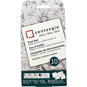 Sakura Zentangle Tool Set - 1 Black Pigma Micron Pens, 2 Gray Micron Pens, 1 Black Graphite Pencil, 1 Tortillion, 5 3.5" White Paper Tiles - White Zentangle Tiles - 10 Piece Set