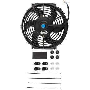 BOXI 10" Universal Electric Radiator Cooling Slim Fan 12V with Mounting Kit (Heavy Duty Wide Curved - 6 S Blades 10 Inch Pull Fan Black)