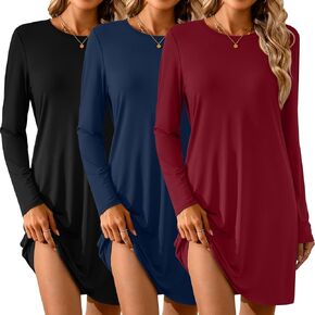 Riyiper 3 Pack Women's Soft Nightgowns, Long Sleeve Crewneck Nightdress Comfy Casual Nightshirts Loose Plain Sleep Dress