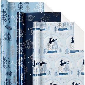 Afucus Reversible Pink Christmas Wrapping Paper, Christmas Tree, Joy Candy Cane, Snowflake, Reindeer, and HO Santa Laughter Themed Gift Wrap Paper, Mini Rolls for Christmas (17 Inch X 120 Inch)
