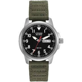 Citizen Men's Sport Casual Garrison 3-Hand Day/Date Eco-Drive Nylon Strap Watch, Arabic Markers, 100 Meters Water Resistant, Luminous Hands and Markers