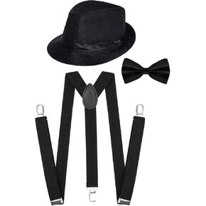 SUMERSHA 3Pcs 1920s Mens Costume Accessories Roaring 20s Set Fedora Hat Y-Back Suspenders Bow Tie for Halloween Theme Party
