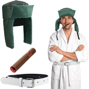 Funtery 3 Pcs Halloween Costume Accessories Winter Trapper Hat with Green Faux Fur Thin White Belt Fake Costume Prop for Men Halloween Cosplay Party