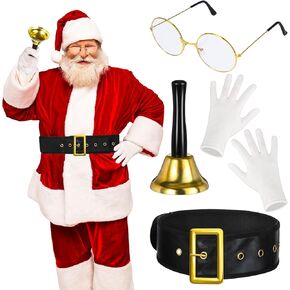 Vicenpal 4 Pieces Christmas Santa Claus Costume Accessories Set for Men Santa Belt Santa Call Hand Bell Gold Glasses Santa White Gloves for Men Women Adult Christmas Party Costume
