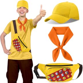 Yahenda 3 Pcs Halloween Explorer Costume Sets Includes Yellow Baseball Hat Badge Waist Bag and Neckerchief Adventure Movie Inspired Character Outfit Accessory for Halloween Party
