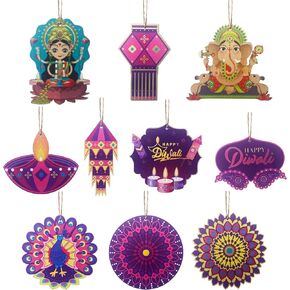 Diwali Decorations, 20Pcs Wooden Pendant Diwali Decorations for Home, Hanging Rangoli Light Castle Diya Lantern Shape Indian Wedding Pooja Decor Ornament