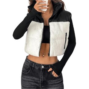 MakeMeChic Women's Fuzzy Colorblock Puffer Vest Jacket Full Zip Sleeveless Crop Warm Outerwear