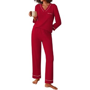 Ekouaer Women's Pajamas Sets 2 piece PJs V Neck Long Sleeve Sleepwear Comfy Pants Loungewear with Pocket