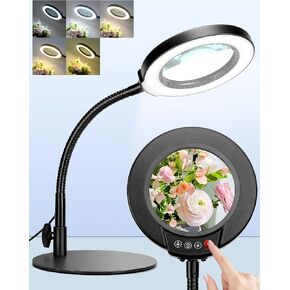 Magnifying Glass with Light and Stand, Hands Free Magnifying Lamp, 5 Color Modes 10 Dimmable Brightness, Metal Base Desk Magnifier Lamp for DIY Craft Reading Painting Sewing Hobby Detail Work