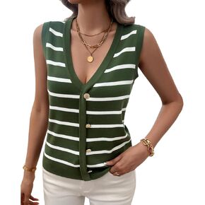 سترة نسائية مخططة من Blostirno سترة عصرية بدون أكمام ورقبة على شكل حرف V وسترات صوفية مضلعة ومتماسكة in Kuwait