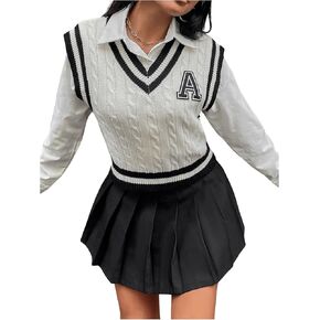 GORGLITTER Women's Cable Knit Graphic Sweater Vest Chunky Knit Striped Pullover Cropped Sweater Casual Sleeveless V Neck Tops
