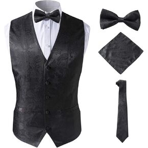 Men's Black Suit Vest Set with Neck Tie Hanky for Tuxedo or Suit,Black,4XL