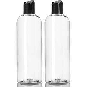 ljdeals 16 oz Clear Plastic Empty Bottles with Black Disc Top Caps, Squeezable Refillable Containers for Shampoo, Lotions, Cream and More Pack of 2, BPA Free, Made in USA