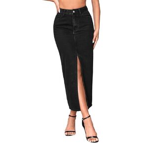 SweatyRocks Women's Casual High Waist Denim Skirt Split Hem Raw Trim Midi Jean Skirts