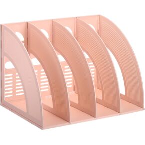 PATIKIL Magazine File Holder, Plastic Vertical 4 Compartment Desktop File Book Newspaper Notebook Storage Rack Bookshelf Folder Organizer for Office, Light Pink