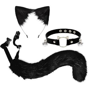 3 Pcs Cat Ears and Tail, Faux Fur Wolf Ear Headband Leather Neck Chocker Costume Set Furry Wolf Fox Ears and Long Tail Set, Animal Cosplay Party Costume for Halloween Christmas Party Black