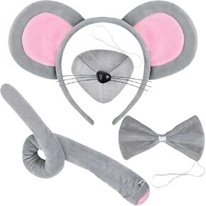 Mouse Costume Accessory Set,Rat Costume Set,Mouse Costume Set Includes Mouse Ear Headband,Tail,Nose,Bow Tie for Halloween,Birthday,Christmas,Cosplay Dress Up Grey