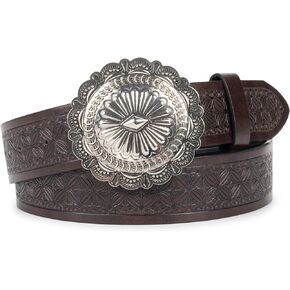Western Belt Embossed-Leather-Cowgirl-Belt Engraved Floral Buckle Cowboy-Belt for Women