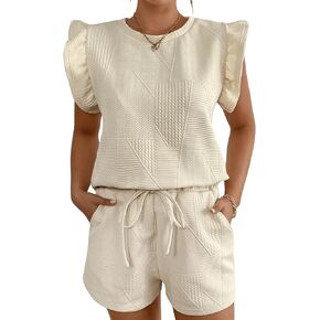 Verdusa Women's 2 Piece Outfits Casual Ruffle Sleeve Tee Top and Shorts Sets