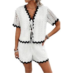 Verdusa Women's Scalloped 2 Piece Summer Outfits Tie Front Blouse with Shorts