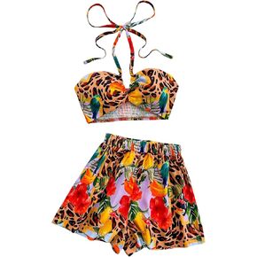 MakeMeChic Women's Two Piece Outfits Halter Shirred Crop Top Elastic Waist Wide Leg Shorts Summer Set