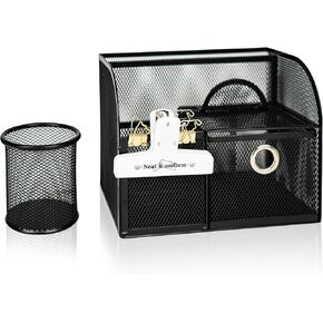 YOBRO Mesh Desk Organizers with Large Drawer, 5 Compartments and 1 Pen Holder, Office Desk Caddy File Storage, Small Desk Organizer with Phone Holder for School Home,Black