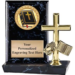 6"X6" Religion Cross Bible and Hands Plaque Award, Bible with Cross Trophy with Custom Engraving, Prime