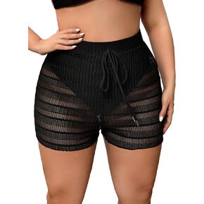 WDIRARA Women's Plus Size Boho Hollow Out Cover Up Shorts High Waist Swimwear Sheer Beach Shorts