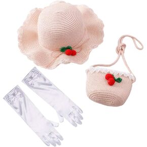 Vegove Summer Straw Hat Sun Visor Little Girl, Tea Party Hats with Glove Dress Up Cute Floppy Cap