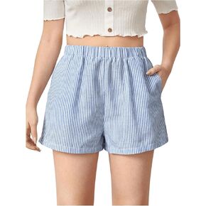 WDIRARA Girl's Striped Print Elastic Waistband Shorts Summer Casual Mini Shorts with Pockets