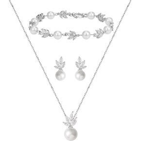SWEETV Jewelry Set for Bride Women, Cubic Zirconia Pearl Bridal Earrings Necklace Bracelet Set, Bridal Jewelry Set for Wedding Prom