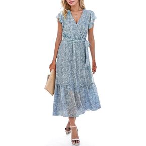 Women Summer Bohemian Midi Dress Floral Casual Wrap V Neck Dress Ruffle Cap Sleeve A-Line Pleated Hem Dress