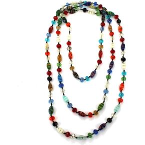 DOLON 60 Inch Waterproof Hand Knotted by Colorful Rainbow Murano Glass Crystal Beads Statement Strand Long Necklace Versatile Multi Layer