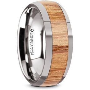 Cinder Domed Style Tungsten Carbide Wedding Ring with Red Oak Wood Inlay and Polished Edges Comfort Fit - 8mm Wide